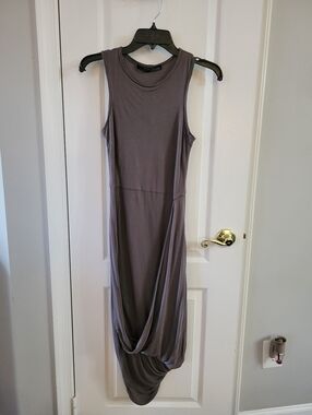 AllSaints Morel Draped Asymmetric Midi Dress Taupe Size 6 Jersey Bodycon